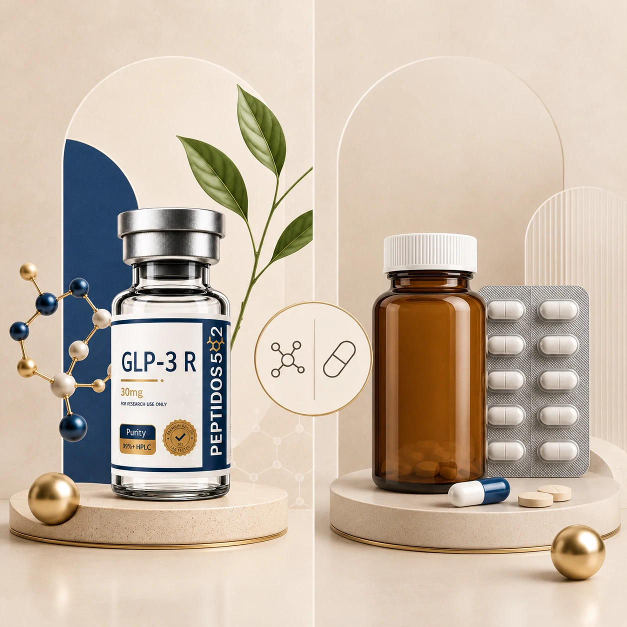 Comparación visual entre un producto peptídico de investigación y medicamentos convencionales