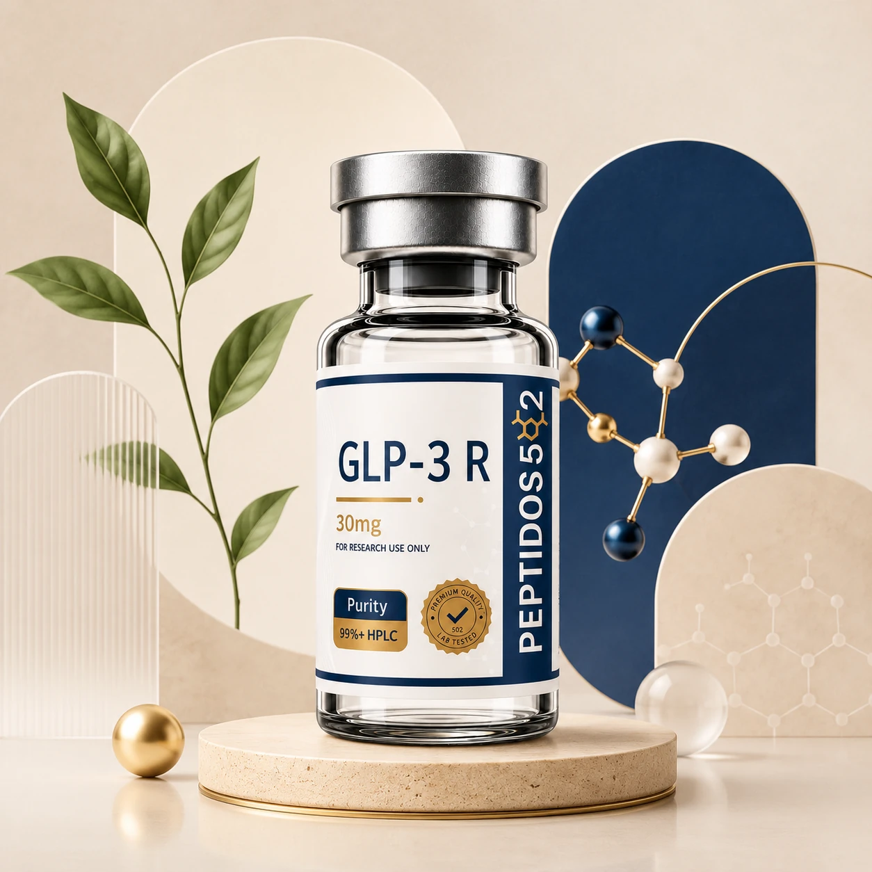 Vial Peptidos502 presentado con elementos científicos y botánicos
